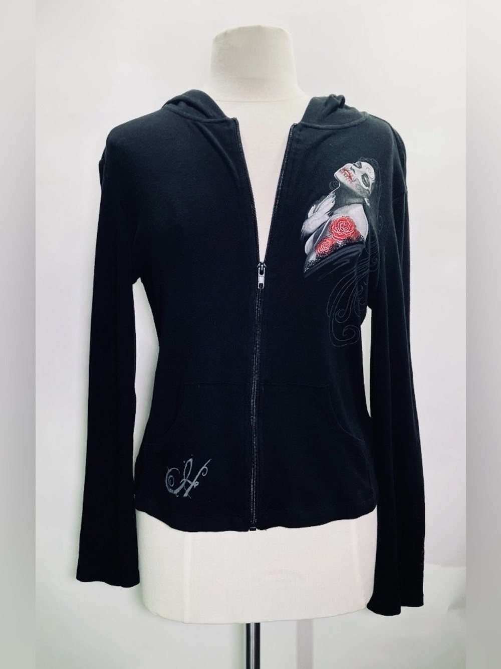 Vintage 90s Black 100% Cotton Hoodie- Tattoo Art Inspired Gothic Graphics W Sz L